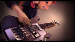 Size: 3840x2160 | Tagged: safe, artist:imafutureguitarhero, sunset shimmer, anthro, g4, 3d, bass guitar, black bars, chromatic aberration, clothes, colored eyebrows, equestria girls outfit, female, film grain, gradient background, gritted teeth, guitar, heavy metal, high res, jacket, leather jacket, letterboxing, metal as fuck, motion blur, multicolored hair, musical instrument, playing guitar, playing instrument, rickenbacker, rock (music), rocking out, signature, solo, source filmmaker, sunset shredder, wallpaper