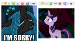 Size: 441x246 | Tagged: safe, screencap, mean twilight sparkle, ocellus, queen chrysalis, twilight sparkle, alicorn, changeling, changeling queen, pony, derpibooru, g4, the mean 6, what lies beneath, caption, clone, crying, disguise, disguised changeling, female, image macro, juxtaposition, meta, queen chrysellus, sad, text, twilight sparkle (alicorn)