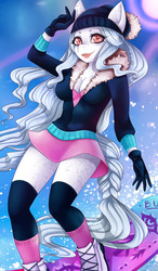 Size: 2270x3900 | Tagged: safe, artist:pink-pinktooth, oc, oc only, oc:snow cloud, earth pony, anthro, anthro oc, beanbrows, beanie, boots, braided tail, breasts, cleavage, clothes, eyebrows, female, hat, high res, jacket, mare, miniskirt, shoes, skirt, snow, snowboard, socks, solo, stockings, thigh highs, thighs, ych result, zettai ryouiki