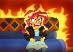 Size: 4208x3000 | Tagged: safe, artist:edcom02, sunset shimmer, equestria girls, equestria girls series, g4, game stream, spoiler:eqg series (season 2), angry, bloodshot eyes, cross-popping veins, fiery shimmer, gamer sunset, psycho gamer sunset, rage, rageset shimmer, sunset shimmer frustrated at game