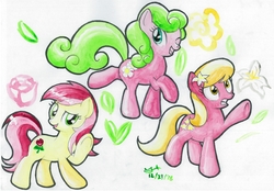 Size: 5800x4048 | Tagged: safe, artist:michiito, daisy, flower wishes, lily, lily valley, roseluck, earth pony, pony, g4, absurd resolution, female, mare, one eye closed, traditional art