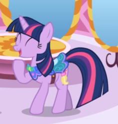 Size: 522x551 | Tagged: safe, screencap, twilight sparkle, pony, unicorn, g4, the ticket master, clothes, cropped, dress, eyes closed, female, laughing, open mouth, saddle, smiling, solo, tack, unicorn twilight