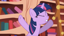 Size: 1666x938 | Tagged: safe, screencap, twilight sparkle, pony, unicorn, g4, the ticket master, eyes closed, female, golden oaks library, hooves in air, mare, solo, unicorn twilight