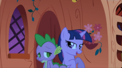 Size: 1668x938 | Tagged: safe, screencap, spike, twilight sparkle, dragon, pony, unicorn, g4, the ticket master, duo, female, golden oaks library, lidded eyes, lights out, looking at each other, male, mare, open mouth, smiling, tired, unicorn twilight