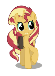 Size: 1575x2198 | Tagged: safe, sunset shimmer, pony, unicorn, g4, female, mare, raised hoof, saddle bag, simple background, smiling, solo, transparent background