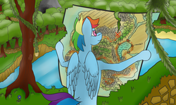 Size: 2572x1536 | Tagged: safe, artist:quarmaid, rainbow dash, pegasus, pony, g4, adventure, female, forest, map, mountain, rainbow hair, road, scenery, wings, wood