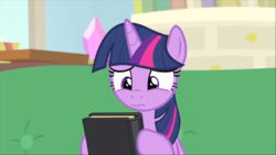 Size: 1366x769 | Tagged: safe, screencap, twilight sparkle, alicorn, pony, g4, starlight the hypnotist, spoiler:interseason shorts, book, couch, cropped, female, solo, twilight sparkle (alicorn), unsure