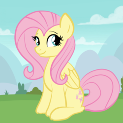 Size: 2100x2100 | Tagged: safe, artist:sjart117, fluttershy, pegasus, pony, g4, bush, cloud, female, folded wings, grass, high res, looking sideways, mare, mountain, outdoors, sitting, sky, smiling, solo, three quarter view, tree, wings