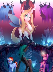 Size: 931x1280 | Tagged: safe, artist:jazzyz401, queen chrysalis, rainbow dash, twilight sparkle, oc, changeling, changeling queen, pegasus, pony, unicorn, fanfic:ill winds, g4, blue changeling, cave, changeling queen oc, commission, crystal, fanfic, fanfic art, fanfic cover, fangs, female, folded wings, glowing horn, horn, magic, mare, purple changeling, raised hoof, red changeling, signature, slit pupils, unicorn twilight, white changeling, wings