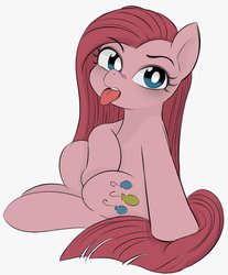 Size: 1012x1224 | Tagged: safe, artist:manachaaaaaaaa, pinkie pie, earth pony, pony, g4, female, mare, pinkamena diane pie, simple background, sitting, solo, tongue out, white background