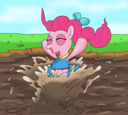 Size: 2000x1800 | Tagged: safe, artist:amateur-draw, pinkie pie, earth pony, pony, g4, bow, cheerleader, cheerleader outfit, clothes, dive, female, hair bow, happy, hooves up, jumping, laughing, mare, mud, mud fetish, muddy, skirt, skirt lift, solo, splash, story included, wet and messy