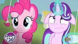 Size: 1280x720 | Tagged: safe, screencap, pinkie pie, starlight glimmer, pony, g4, interseason shorts, starlight the hypnotist, confused, duo, floppy ears, glowing horn, horn, kite, my little pony logo, youtube thumbnail