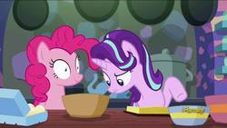 Size: 1280x720 | Tagged: safe, screencap, pinkie pie, starlight glimmer, pony, every little thing she does, g4, season 6, bowl, cooking, discovery family logo, duo, fiducia compellia, mind control