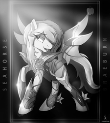 Size: 2000x2219 | Tagged: safe, artist:zidanemina, braeburn, earth pony, pony, g4, armor, crossover, grayscale, high res, male, monochrome, open mouth, raised hoof, saint seiya, signature, solo, trap