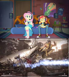 Size: 844x947 | Tagged: safe, edit, screencap, fluttershy, sunset shimmer, equestria girls, g4, game stream, my little pony equestria girls: better together, controller, converse, gamer sunset, gamershy, geode of fauna, magical geodes, meme, mortal kombat, mortal kombat x, scorpion (mortal kombat), shoes, sneakers, sub-zero, sunset shimmer frustrated at game, sunset's apartment, video game