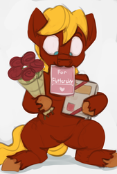 Size: 1182x1747 | Tagged: safe, artist:marsminer, oc, oc only, oc:soul harmony, pony, :3, bouquet, box of chocolates, cute, flower, heart, hearts and hooves day, holiday, hoof hold, human shoulders, mouth hold, nom, ocbetes, rose, simple background, sketch, smiling, solo, unshorn fetlocks, valentine, valentine's day, white background