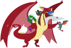 Size: 1024x688 | Tagged: safe, artist:queencold, dragon lord torch, dragon, g4, chromatic dragon, crossover, dark magic, dragoness, dungeons and dragons, duo, female, five heads, magic, male, multiple heads, pen and paper rpg, rpg, simple background, sombra eyes, stinger, tiamat, transparent background