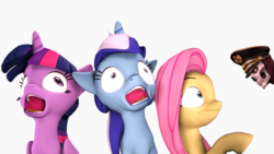 Size: 2044x1150 | Tagged: safe, artist:flushthebatsanta, fluttershy, minuette, twilight sparkle, alicorn, pegasus, pony, unicorn, g4, 3d, aaaaaaaaaa, derp, eye contact, female, frown, looking at each other, looking back, mare, mask, open mouth, raised hoof, scared, shadman, simple background, source filmmaker, transparent background, twilight sparkle (alicorn), wat, wide eyes