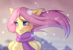 Size: 1680x1150 | Tagged: safe, artist:kaito_wivil, fluttershy, pony, g4, blushing, bust, clothes, female, looking away, mare, portrait, scarf, smiling, solo, stray strand, three quarter view, windswept mane