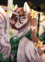 Size: 785x1084 | Tagged: safe, artist:rottengotika, oc, oc only, oc:dante wail, alicorn, pony, alicorn oc, clothes, dark, flower, happy, male, night, scar, scarf, smiling, solo, stallion