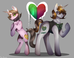 Size: 1500x1172 | Tagged: safe, artist:rottengotika, oc, oc:adaline heart, pony, unicorn, clothes, duo, heart, poison, related, relatives, simple background, unicorn oc