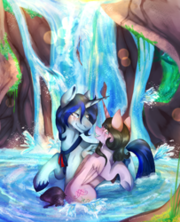 Size: 1035x1276 | Tagged: safe, artist:rottengotika, oc, oc only, oc:paint rose, oc:prago pillows, alicorn, pony, alicorn oc, couple, crying, detailed background, happy, positive, present, relationship, romance, water, waterfall