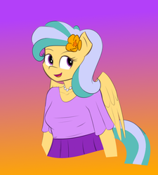 Size: 864x960 | Tagged: safe, artist:funble, artist:pacificside18, oc, oc only, oc:pacific breeze, pegasus, anthro, unguligrade anthro, anthro oc, bust, clothes, female, flower, flower in hair, looking at you, mare, simple background