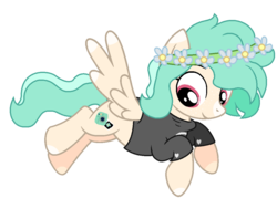 Size: 1057x757 | Tagged: safe, artist:fandom-crockpot, artist:katsubases, oc, oc only, oc:snap happy, pegasus, pony, base used, clothes, female, floral head wreath, flower, flying, mare, raised hoof, shirt, simple background, solo, transparent background