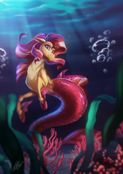Size: 1767x2500 | Tagged: safe, artist:light262, sunset shimmer, siren, g4, cloven hooves, colored hooves, female, looking at you, signature, sirenified, smiling, solo, species swap, sunset siren, underwater, water