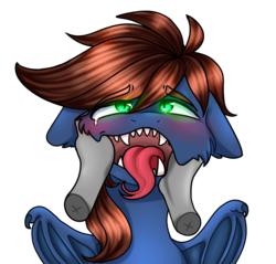 Size: 2755x2637 | Tagged: safe, artist:lama-fyrsenya9, oc, oc only, oc:warly, bat pony, pony, bat pony oc, bat wings, fangs, finger in mouth, glowing eyes, high res, long tongue, male, maw, open maw, open mouth, sharp teeth, solo, stallion, teeth, tongue out, wings