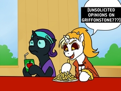 Size: 1280x960 | Tagged: safe, artist:pony quarantine, oc, oc only, oc:dyx, oc:nyx, alicorn, pony, alicorn oc, dyx upsetting nyx, exploitable meme, food, french fries, griffonstone, juice, juice box, meme, uncomfortable, unsolicited opinions on israel