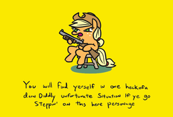 Size: 751x508 | Tagged: safe, artist:jargon scott, edit, editor:reb4ham, applejack, earth pony, pony, g4, cowboy hat, delet this, don't tread on me, faic, female, freckles, gadsden flag, gun, hat, hoof hold, mare, shotgun, simple background, solo, weapon, yellow background