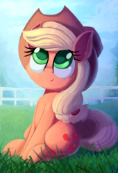 Size: 2000x2946 | Tagged: safe, artist:discorded, artist:taurson, applejack, earth pony, pony, g4, collaboration, cowboy hat, cute, female, hat, high res, jackabetes, mare, sitting, smiling, solo, stetson