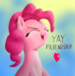 Size: 1378x1414 | Tagged: safe, artist:nuxersopus, pinkie pie, earth pony, pony, g4, cute, diapinkes, eyes closed, female, friendship, heart, open mouth, solo, yay