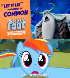 Size: 2000x2234 | Tagged: safe, rainbow dash, epic wub time, g4, caption, common, cute, dashabetes, high res, image macro, let it lie, meme, smallfoot, so awesome, song, stonekeeper, text, wide eyes