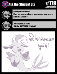Size: 800x1034 | Tagged: safe, artist:sintakhra, silverstream, seapony (g4), tumblr:studentsix, g4, ask, cute, diastreamies, female, monochrome, seapony silverstream, solo, tumblr, younger