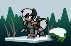 Size: 950x620 | Tagged: safe, artist:masserey, oc, oc only, oc:syllanne, pony, snow, solo, spear, tribal markings, weapon