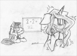 Size: 3439x2500 | Tagged: safe, artist:adilord, oc, oc only, oc:think drizzle, pony, duo, graduate, high res, monochrome, school, simple background, stupid, traditional art, white background