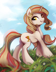 Size: 1300x1688 | Tagged: safe, artist:fidzfox, oc, oc only, oc:calice, pony, unicorn, female, grass, mare, scenery, smiling, solo, sweet dreams fuel