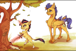 Size: 3000x2000 | Tagged: safe, artist:marbola, flash sentry, oc, oc:adelia, pony, g4, female, filly, high res, magic, offspring, parent:flash sentry, parent:twilight sparkle, parents:flashlight, sword, tree, weapon