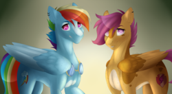 Size: 3314x1810 | Tagged: safe, artist:jacobdawz, rainbow dash, scootaloo, pegasus, pony, g4, female, goggles, grin, mare, older, older scootaloo, pale belly, smiling