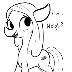 Size: 1650x1650 | Tagged: safe, artist:tjpones, ocellus, changeling, earth pony, pony, g4, cute, dialogue, diaocelles, disguise, disguised changeling, female, filly, floppy ears, freckles, grayscale, lineart, looking at you, monochrome, neigh, open mouth, pony ocellus, seems legit, simple background, smiling, solo, text, white background