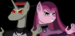 Size: 2724x1334 | Tagged: safe, discord, pinkie pie, vampire, friendship is magic, g4, clothes, daria cohen, dark background, dress, fishnet stockings, hat, missi and the duke, pinkamena diane pie, pony discord, top hat