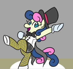 Size: 542x515 | Tagged: safe, artist:jargon scott, bon bon, sweetie drops, earth pony, pony, g4, bipedal, bowtie, clothes, dancing, female, fishnet stockings, gloves, hat, mare, solo, top hat