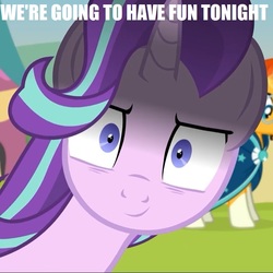 Size: 721x720 | Tagged: safe, artist:agrol, edit, edited edit, starlight glimmer, sunburst, pony, time for two, g4, >:), caption, female, glarelight glimmer, image macro, impact font, implied sex, inconvenient starlight, innuendo, inverted mouth, male, mare, ship:starburst, shipping, smiling, smirk, snaplight glimmer, straight, text, yandere glimmer