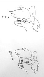 Size: 653x1134 | Tagged: safe, artist:tjpones, oc, oc only, oc:tjpones, earth pony, pony, ..., bust, comic, ear fluff, ear piercing, exclamation point, glasses, grayscale, grumpy, happy, lineart, male, monochrome, piercing, simple background, solo, stallion, traditional art