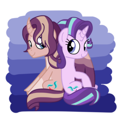 Size: 849x822 | Tagged: safe, artist:andromedasparkz, starlight glimmer, oc, oc:shimmering spectacle, alicorn, pony, unicorn, g4, alicorn oc, canon x oc, colored wings, colored wingtips, female, incest, magical lesbian spawn, magical threesome spawn, male, mare, offspring, smiling, stallion, two toned wings