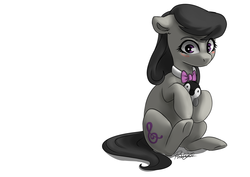 Size: 4960x3508 | Tagged: safe, artist:pucksterv, octavia melody, bird, earth pony, penguin, pony, g4, blushing, bowtie, cute, ear fluff, female, floppy ears, mare, plushie, signature, simple background, sitting, solo, tavibetes, white background