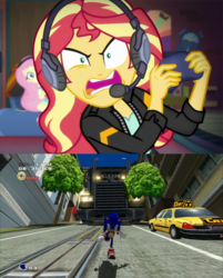 Size: 640x795 | Tagged: safe, edit, screencap, fluttershy, sunset shimmer, equestria girls, g4, game stream, my little pony equestria girls: better together, angry, crossover, gun truck, male, meme, sonic adventure 2, sonic the hedgehog, sonic the hedgehog (series), sunset shimmer frustrated at game