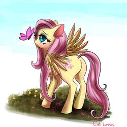 Size: 1600x1600 | Tagged: safe, artist:cali luminos, fluttershy, butterfly, pegasus, pony, g4, blushing, cute, ear fluff, female, lidded eyes, looking at something, mare, shyabetes, solo, three quarter view, wings